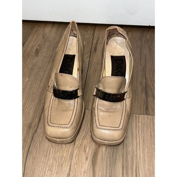 DOLCE & GABBANA  Vintage Beige Leather Square-Toe Slip-On Heeled Loafers Women's - Picture 4 of 10